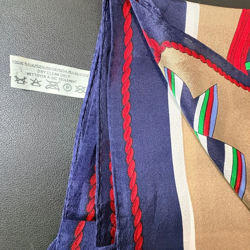 Liz Claiborne Silk Scarf Nautical Ship Wheel Navy Tan Striped‎ Fringe 52x10